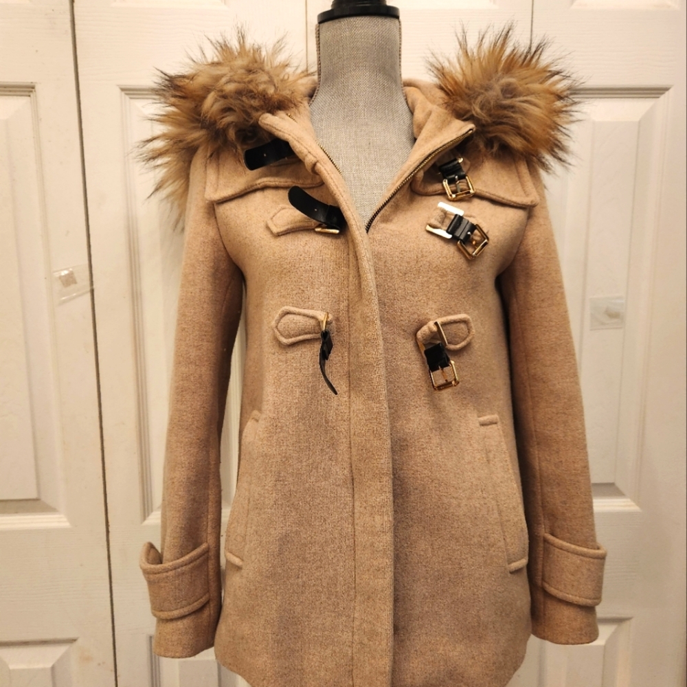 Zara WOMAN Women's Tan wool blend Toggle Coat with Faux Fur Hood